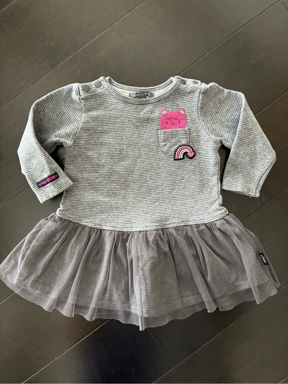 Souris Mini Gray Tulle Dress with Pink Cat & Rainbow Patches
